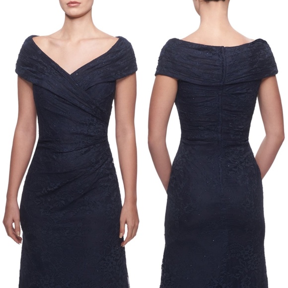 NEW LA FEMME Navy PORTRAIT NECK Ruched Waist SPARKLE LACE Trumpet EVENING GOWN 8 - Picture 3 of 16